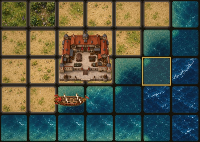A waterfront shipyard and a ship on the coast in SiegeMarch