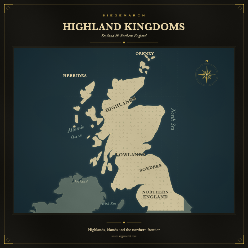 Stylized SiegeMarch map of Highland Kingdoms across Scotland and Northern England