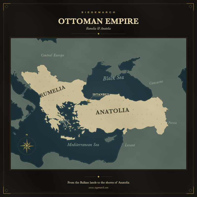 Stylized SiegeMarch map of the Ottoman Empire across Rumelia and Anatolia